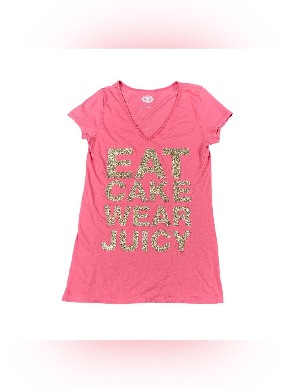 Juicy Couture Women’s Large Pink Eat Cake Wear Juicy Glitter Graphic V-Neck Tee